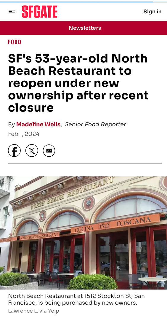 SFGATE article about North Beach Restaurant reopening under new ownership